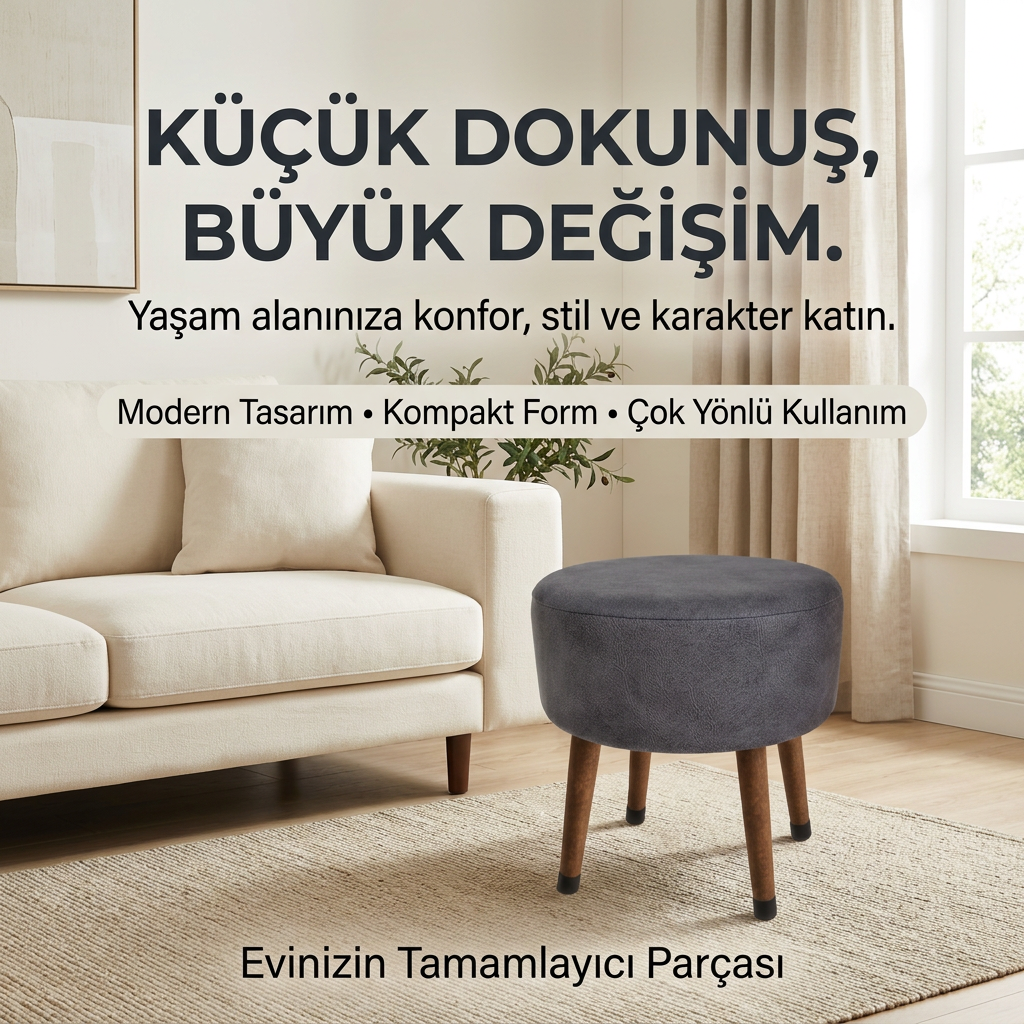 USTAAGAC NORA Antrasit Gri Puf | Ahşap Ayaklı Dekoratif & Oturma Pufu