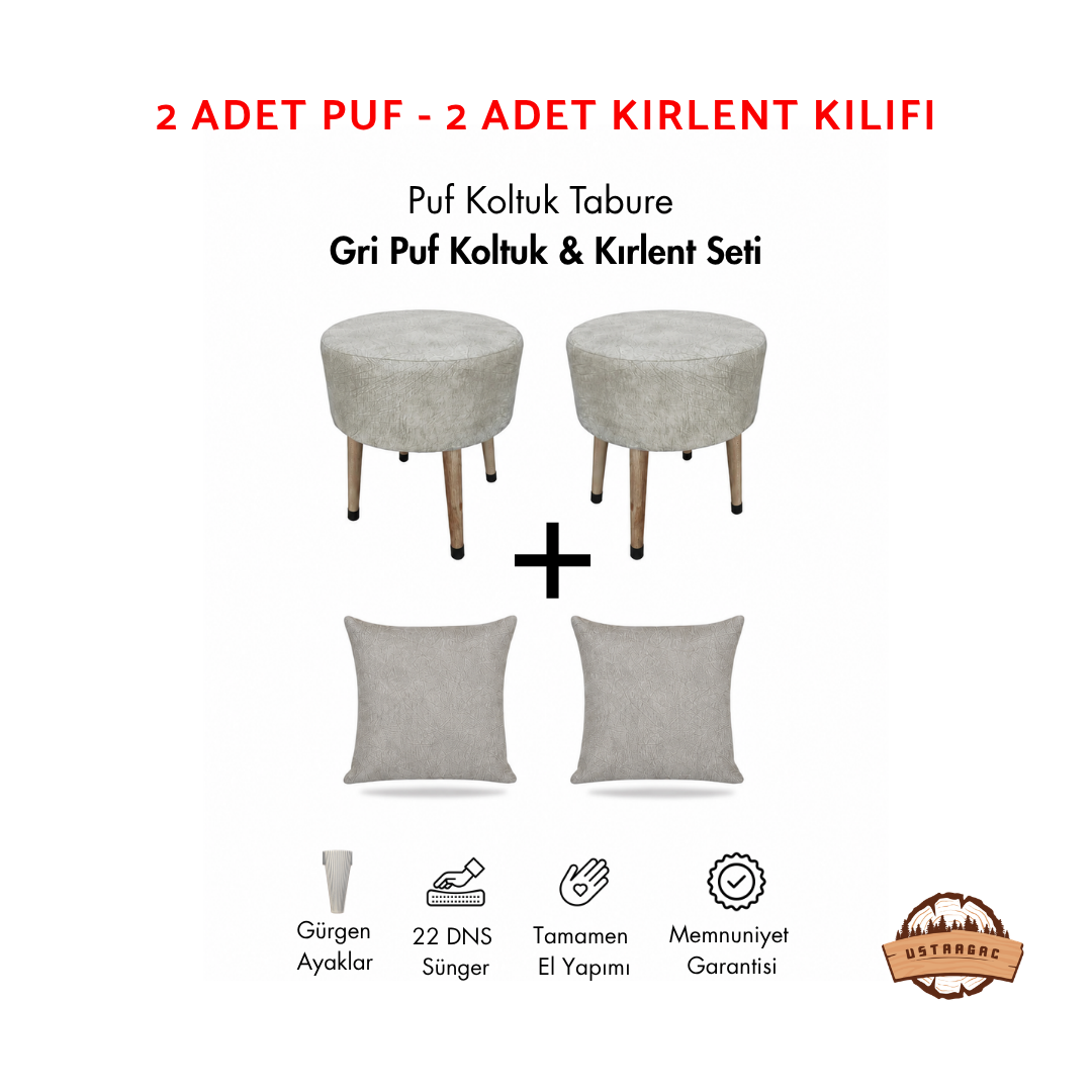 USTAAGAC Puf Koltuk & Kırlent Seti – 2 Puf 2 Kırlent, Dekoratif Ayak Uzatma Taburesi