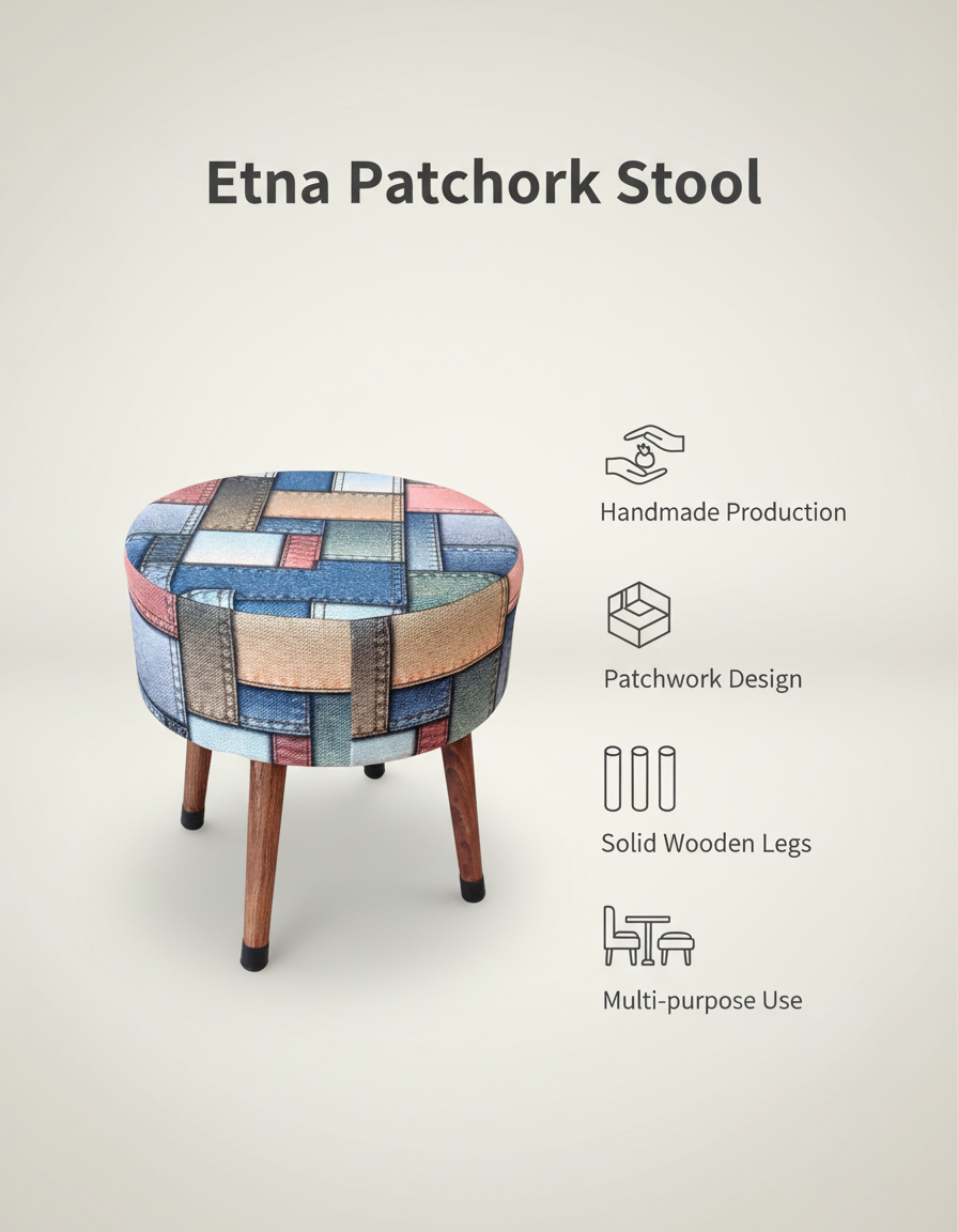 USTAAGAC Etna Patchwork Yama İşi Desenli El Yapımı Puf – Ahşap Ayaklı Dekoratif Oturma Taburesi