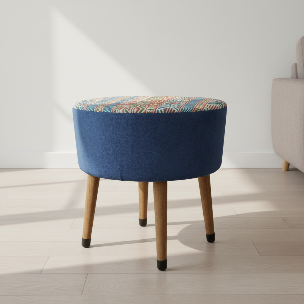 USTAAGAC Modern Kilim Desenli Yan Mavi El Yapımı Puf, Ahşap Ayaklı Dekoratif Tabure