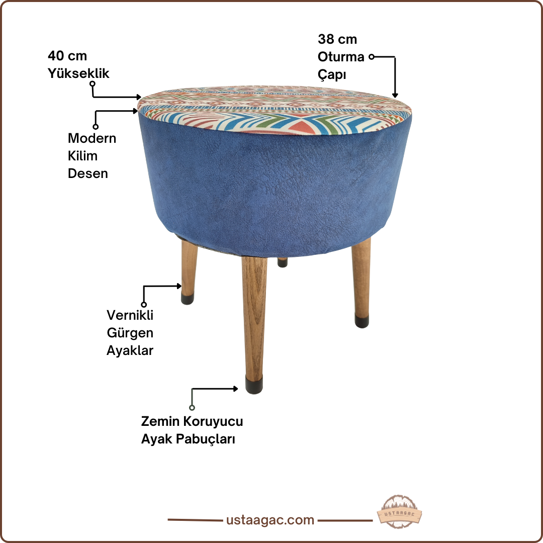USTAAGAC Modern Kilim Desenli Yan Mavi El Yapımı Puf, Ahşap Ayaklı Dekoratif Tabure