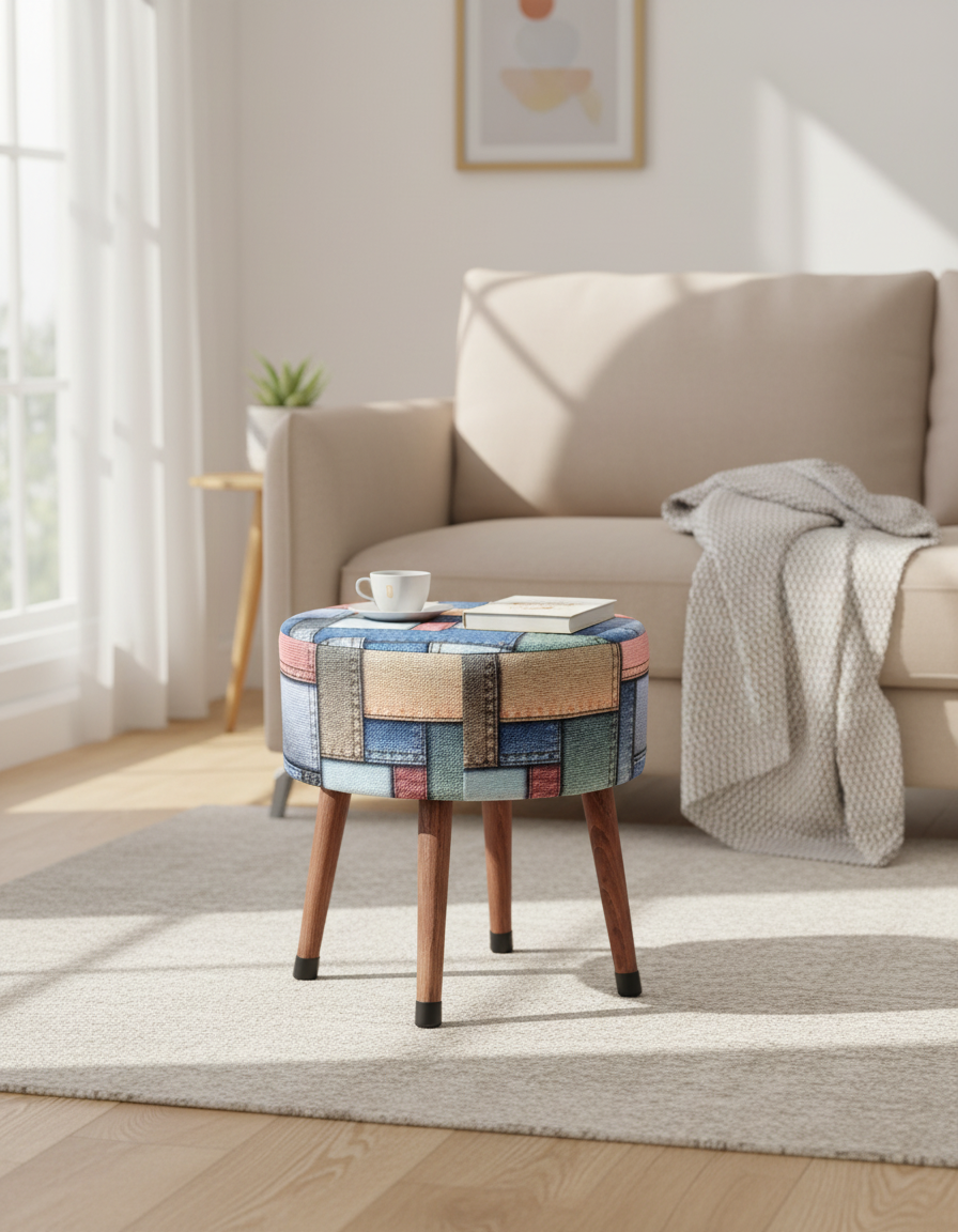 USTAAGAC Etna Patchwork Yama İşi Desenli El Yapımı Puf – Ahşap Ayaklı Dekoratif Oturma Taburesi