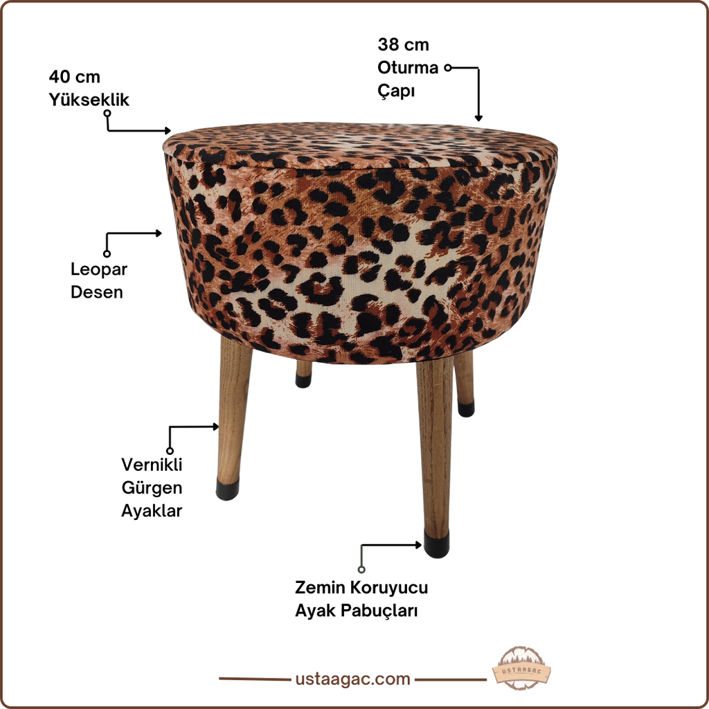 USTAAGAC Leopar Desenli El Yapımı Puf – Ahşap Ayaklı Dekoratif Oturma Taburesi
