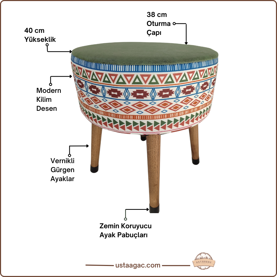 USTAAGAC Modern Desenli Ust Yesil El Yapımı Puf, Ahşap Ayaklı Dekoratif Tabure