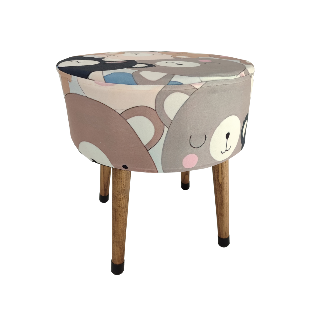 Puf Koltuk Tabure - Ayıdıcık Desenli - Ahşap Ayaklı