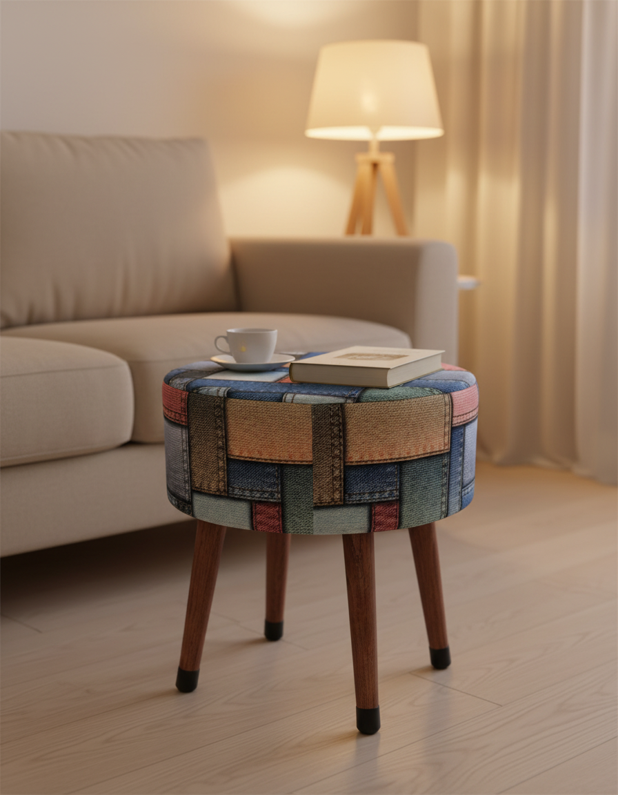 USTAAGAC Etna Patchwork Yama İşi Desenli El Yapımı Puf – Ahşap Ayaklı Dekoratif Oturma Taburesi