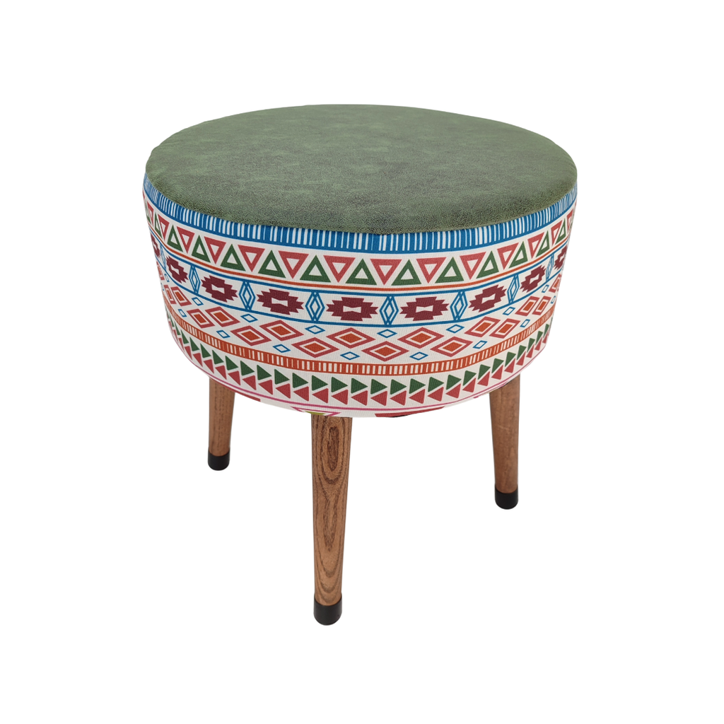 USTAAGAC Modern Desenli Ust Yesil El Yapımı Puf, Ahşap Ayaklı Dekoratif Tabure