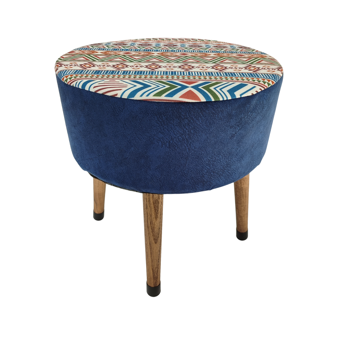 USTAAGAC Modern Kilim Desenli Yan Mavi El Yapımı Puf, Ahşap Ayaklı Dekoratif Tabure