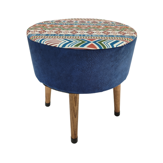 USTAAGAC Modern Kilim Desenli Yan Mavi El Yapımı Puf, Ahşap Ayaklı Dekoratif Tabure