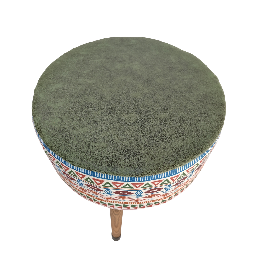 USTAAGAC Modern Desenli Ust Yesil El Yapımı Puf, Ahşap Ayaklı Dekoratif Tabure