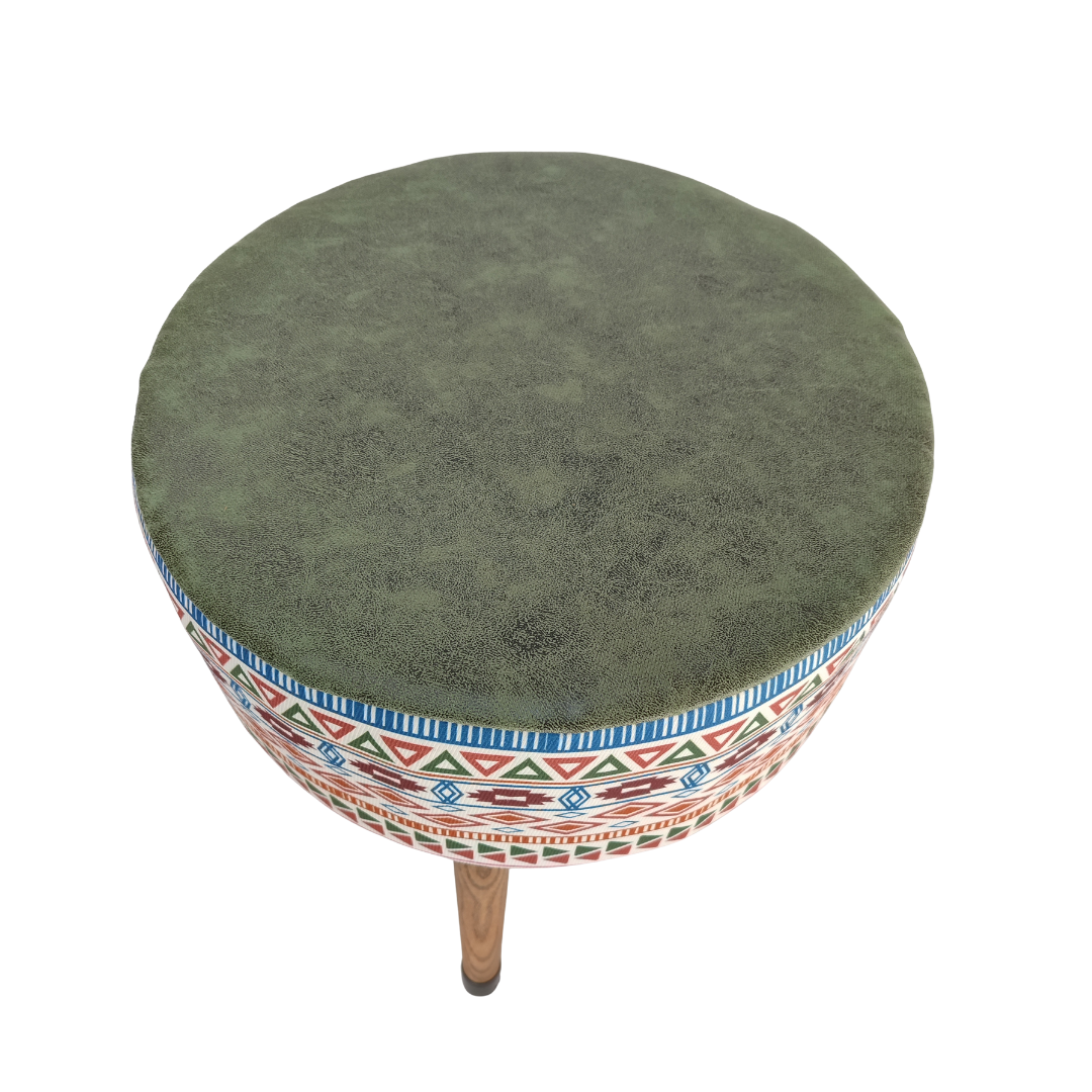 USTAAGAC Modern Desenli Ust Yesil El Yapımı Puf, Ahşap Ayaklı Dekoratif Tabure