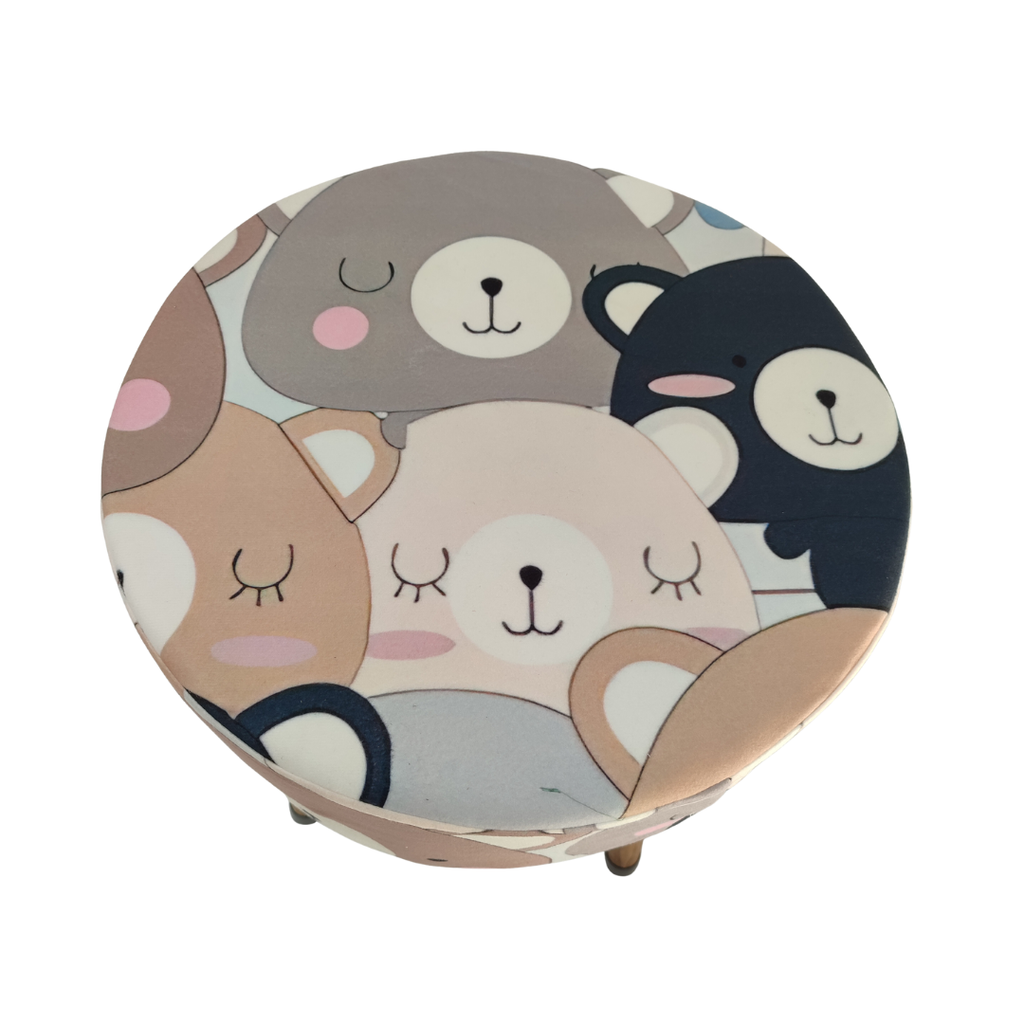 Puf Koltuk Tabure - Ayıdıcık Desenli - Ahşap Ayaklı