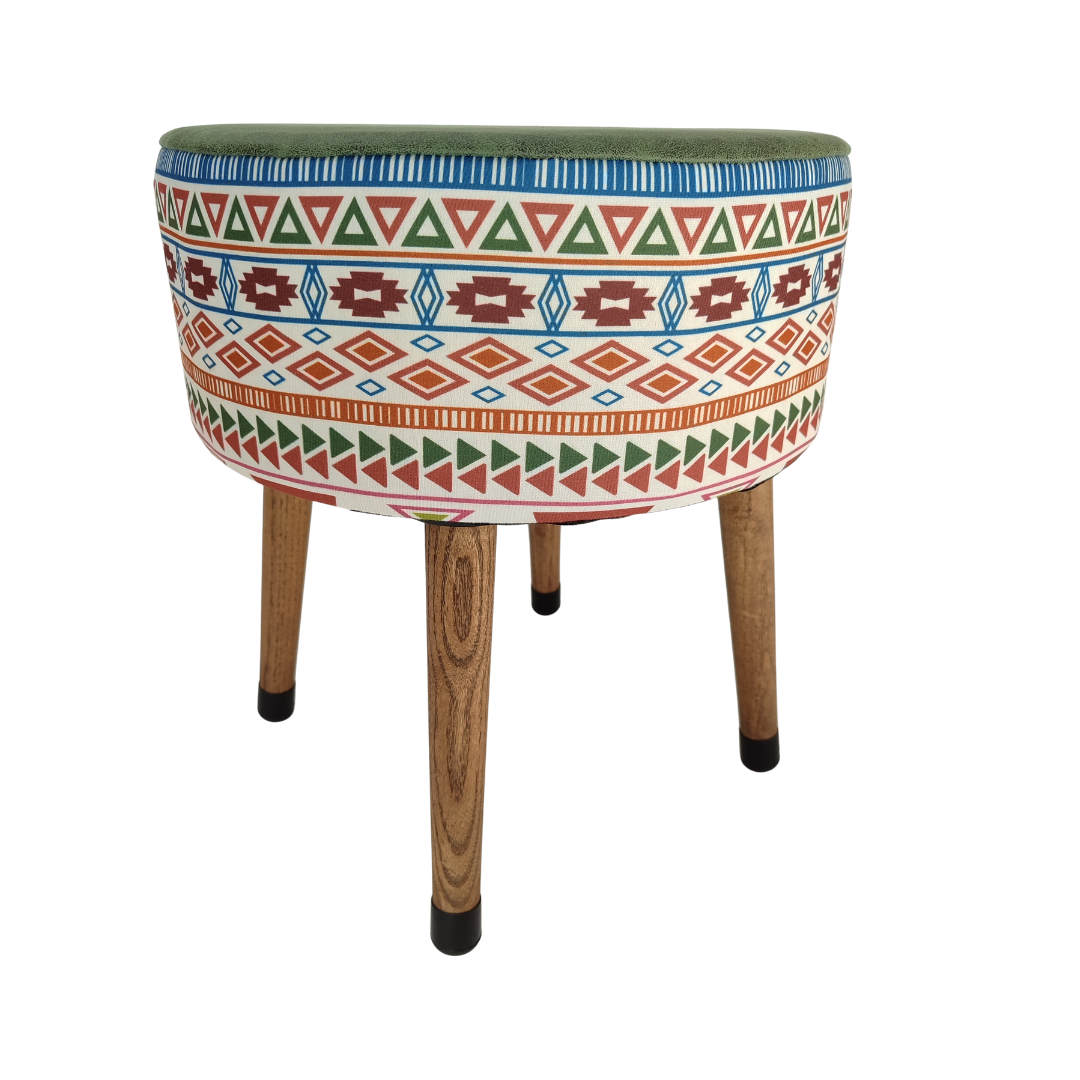 USTAAGAC Modern Desenli Ust Yesil El Yapımı Puf, Ahşap Ayaklı Dekoratif Tabure