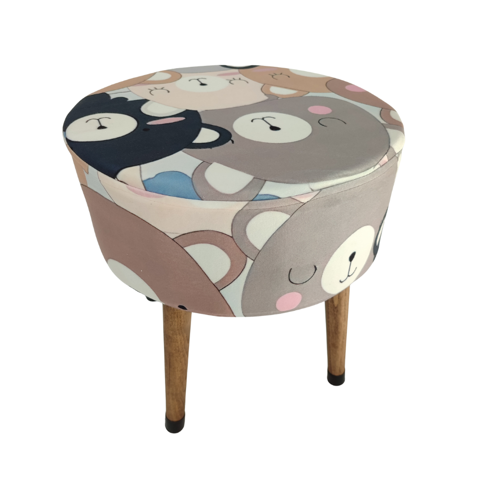 Puf Koltuk Tabure - Ayıdıcık Desenli - Ahşap Ayaklı