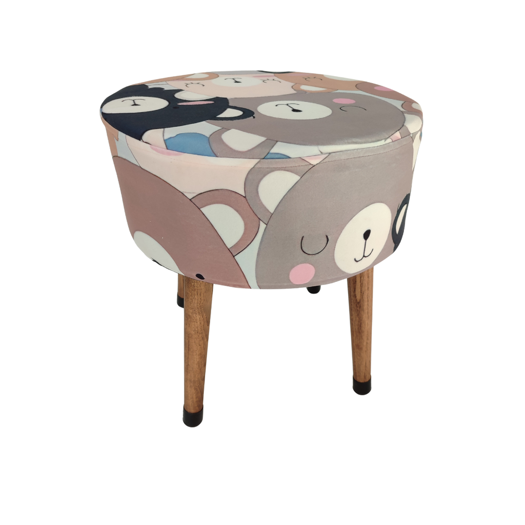 Puf Koltuk Tabure - Ayıdıcık Desenli - Ahşap Ayaklı