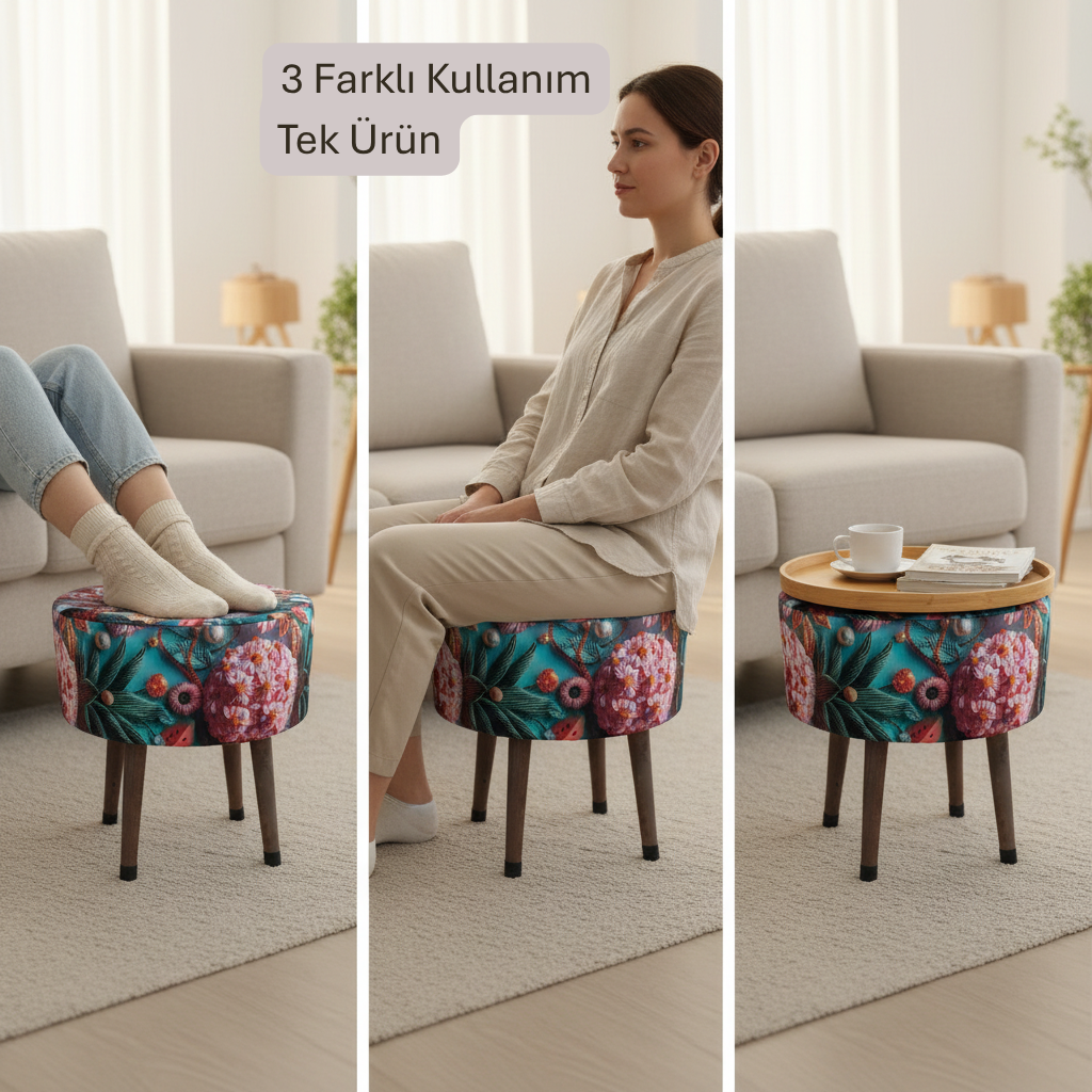 USTAAGAC  3 Boyutlu Çiçek Desenli Ahşap Ayaklı Dekoratif Puf Oturma Pufu Ayak Uzatma Sehpası ve Yan Sehpa