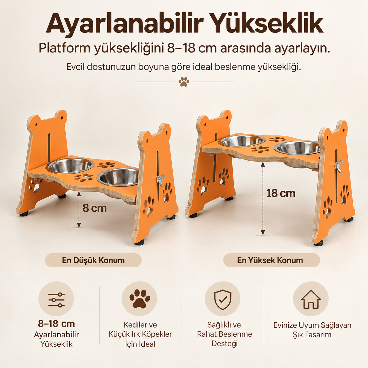 USTAAGAC Ayarlanabilir Yükseklikli İkili Mama & Su Kabı – Kedi ve Küçük Irk Köpekler İçin