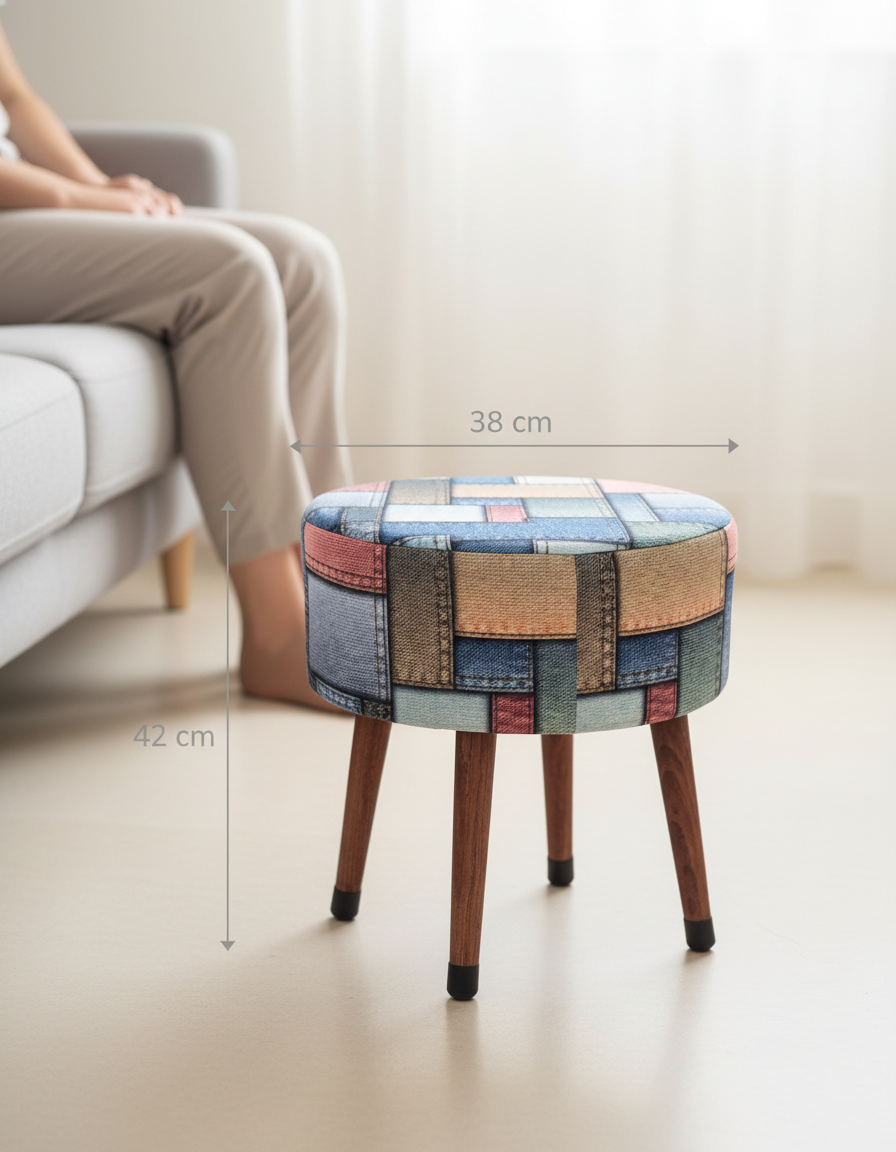 USTAAGAC Etna Patchwork Yama İşi Desenli El Yapımı Puf – Ahşap Ayaklı Dekoratif Oturma Taburesi