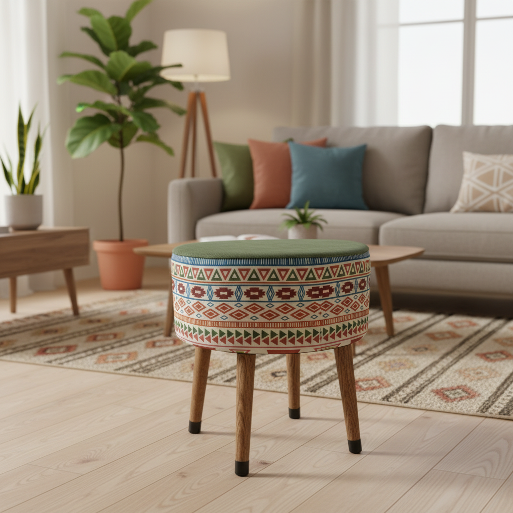 USTAAGAC Modern Desenli Ust Yesil El Yapımı Puf, Ahşap Ayaklı Dekoratif Tabure