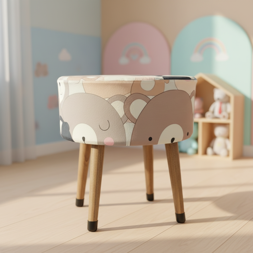 Puf Koltuk Tabure - Ayıdıcık Desenli - Ahşap Ayaklı