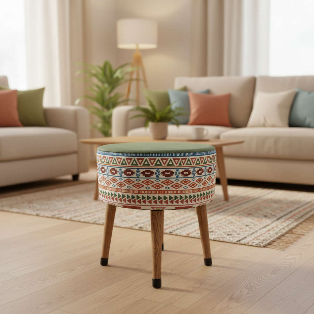 USTAAGAC Modern Desenli Ust Yesil El Yapımı Puf, Ahşap Ayaklı Dekoratif Tabure