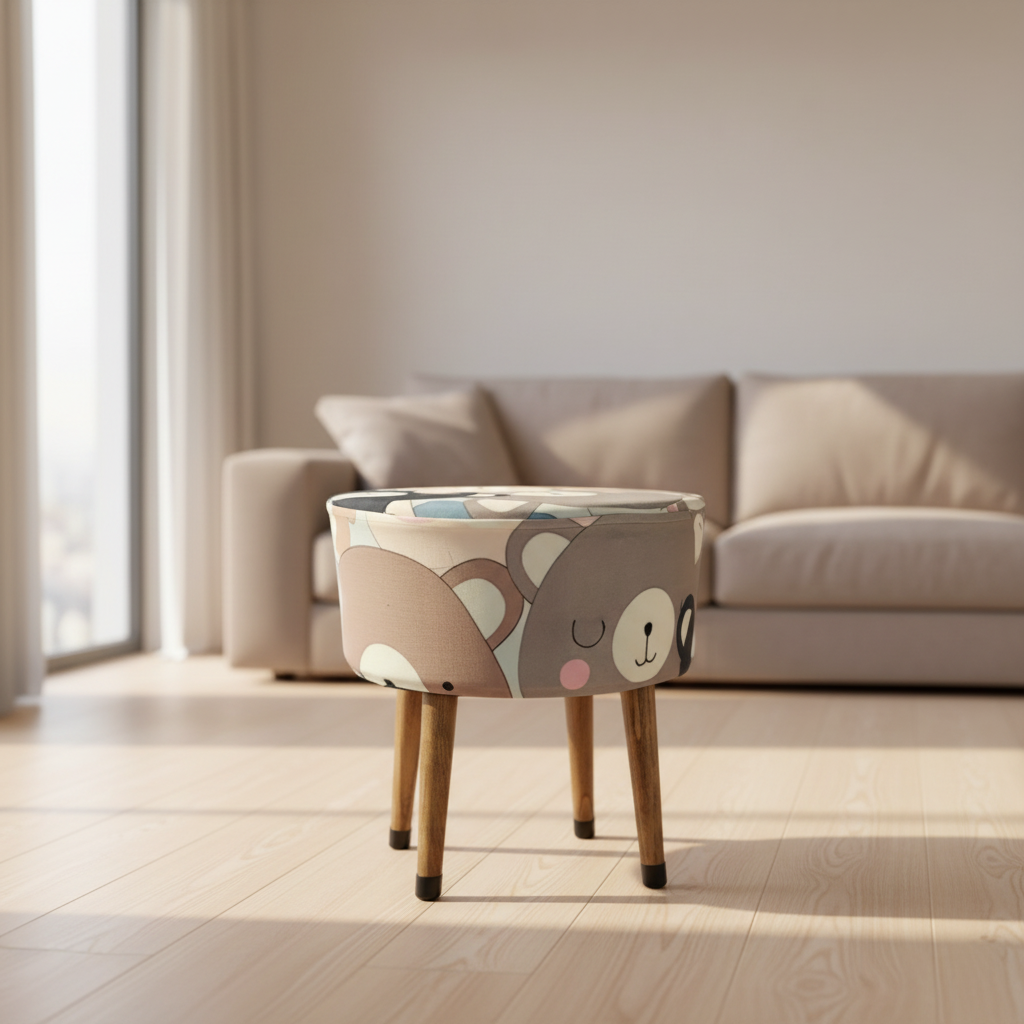 Puf Koltuk Tabure - Ayıdıcık Desenli - Ahşap Ayaklı