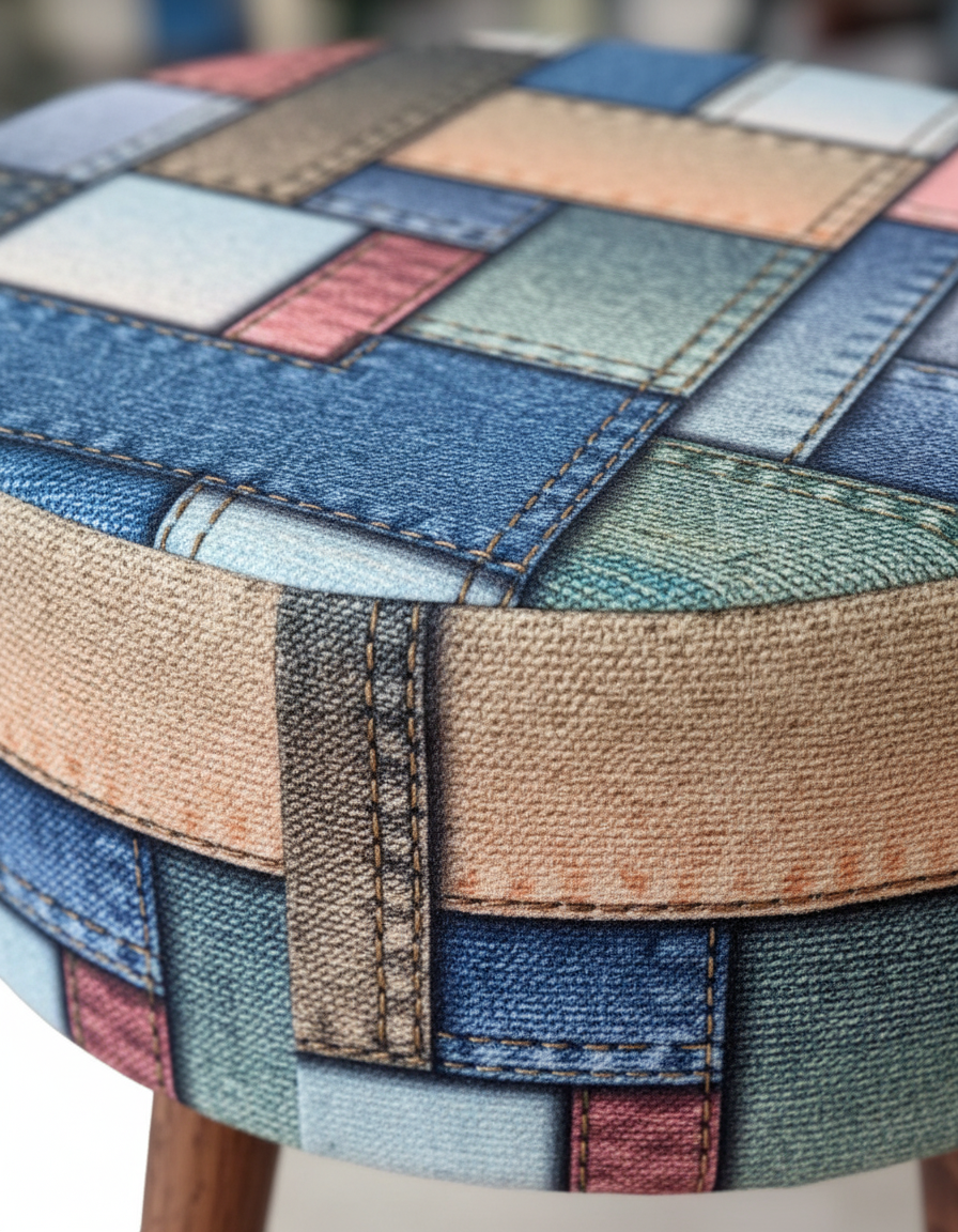USTAAGAC Etna Patchwork Yama İşi Desenli El Yapımı Puf – Ahşap Ayaklı Dekoratif Oturma Taburesi