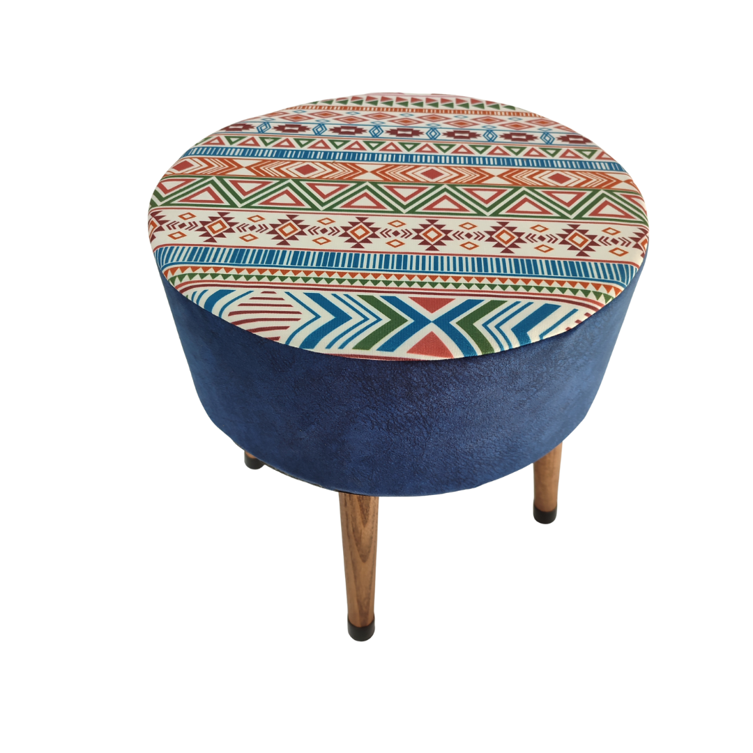 USTAAGAC Modern Kilim Desenli Yan Mavi El Yapımı Puf, Ahşap Ayaklı Dekoratif Tabure