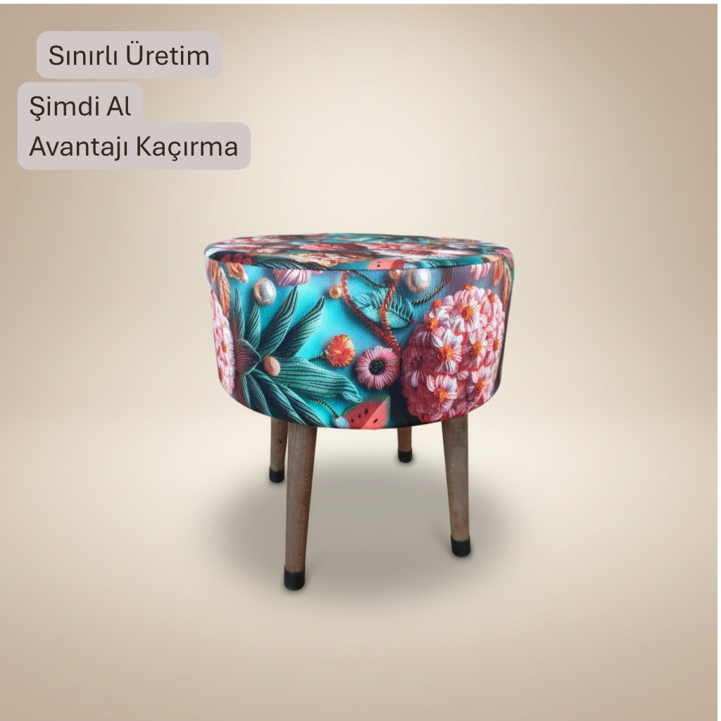 USTAAGAC  3 Boyutlu Çiçek Desenli Ahşap Ayaklı Dekoratif Puf Oturma Pufu Ayak Uzatma Sehpası ve Yan Sehpa