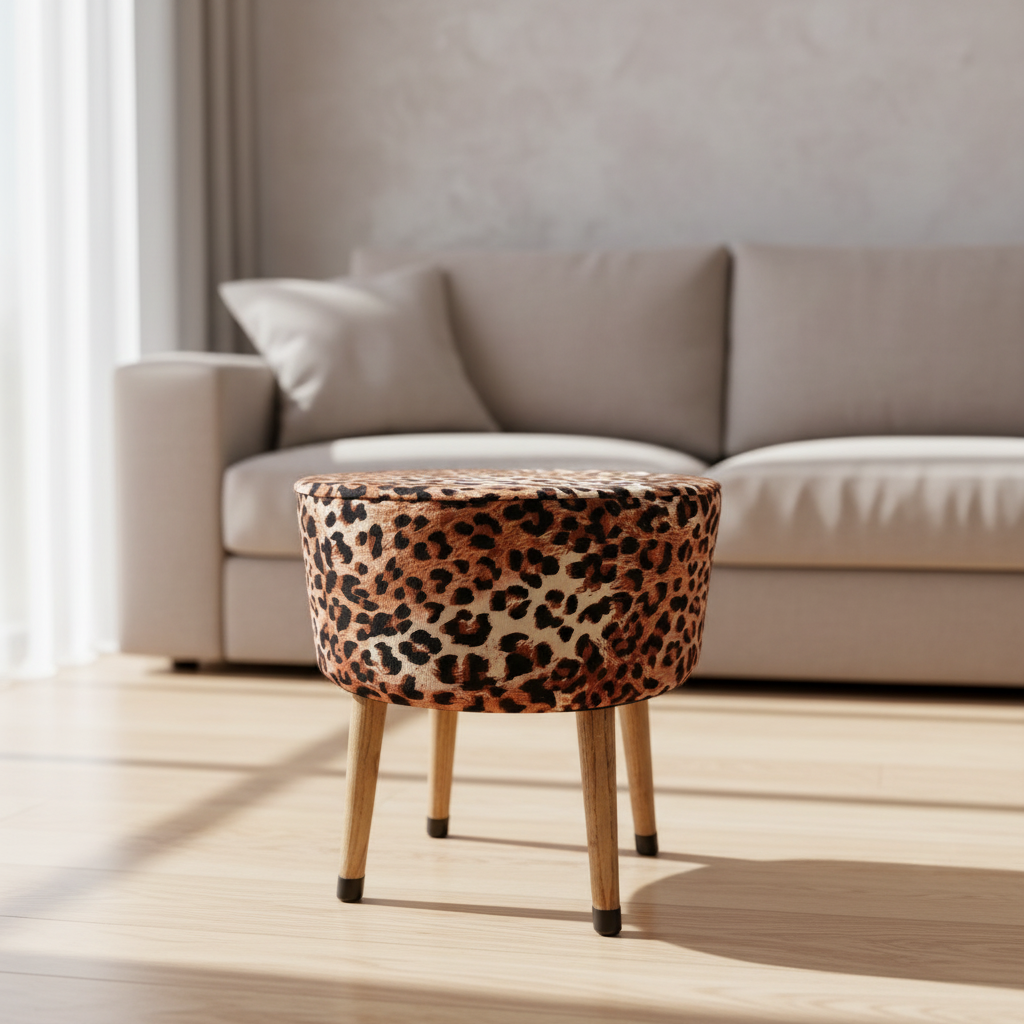 USTAAGAC Leopar Desenli El Yapımı Puf – Ahşap Ayaklı Dekoratif Oturma Taburesi