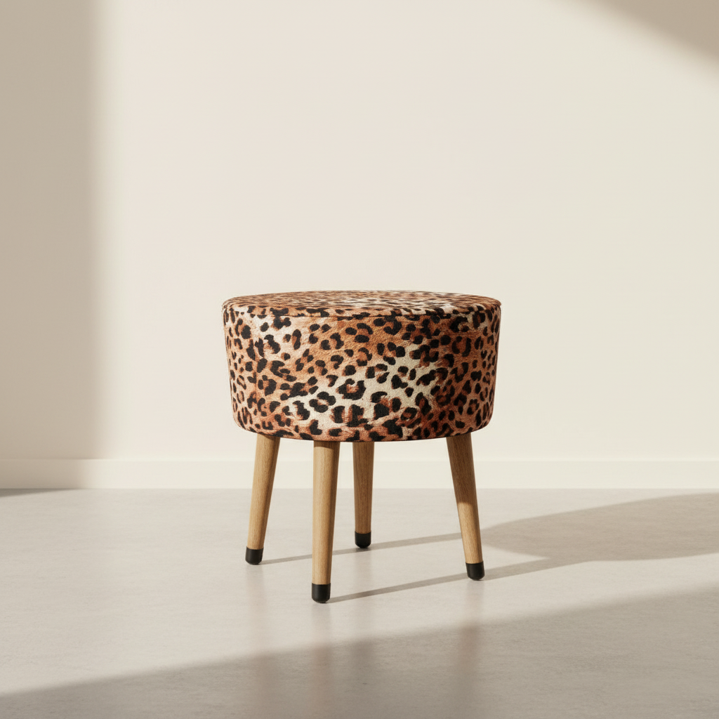 USTAAGAC Leopar Desenli El Yapımı Puf – Ahşap Ayaklı Dekoratif Oturma Taburesi