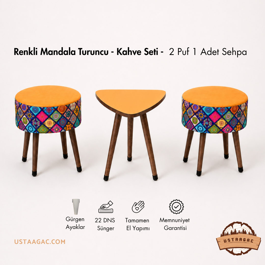 Renkli Mandala Turuncu - Kahve Seti -  2 Puf 1 Adet Sehpa