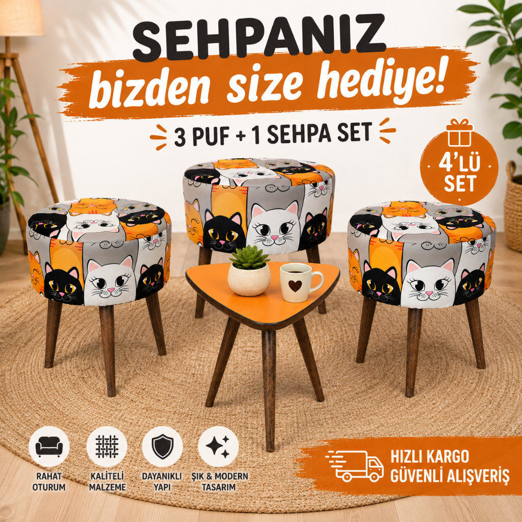 USTAAGAC Kedi Desenli 3’lü Puf + Sehpa Seti – 4 Parça Dekoratif Oturma Grubu Kahve Çay Balkon Seti
