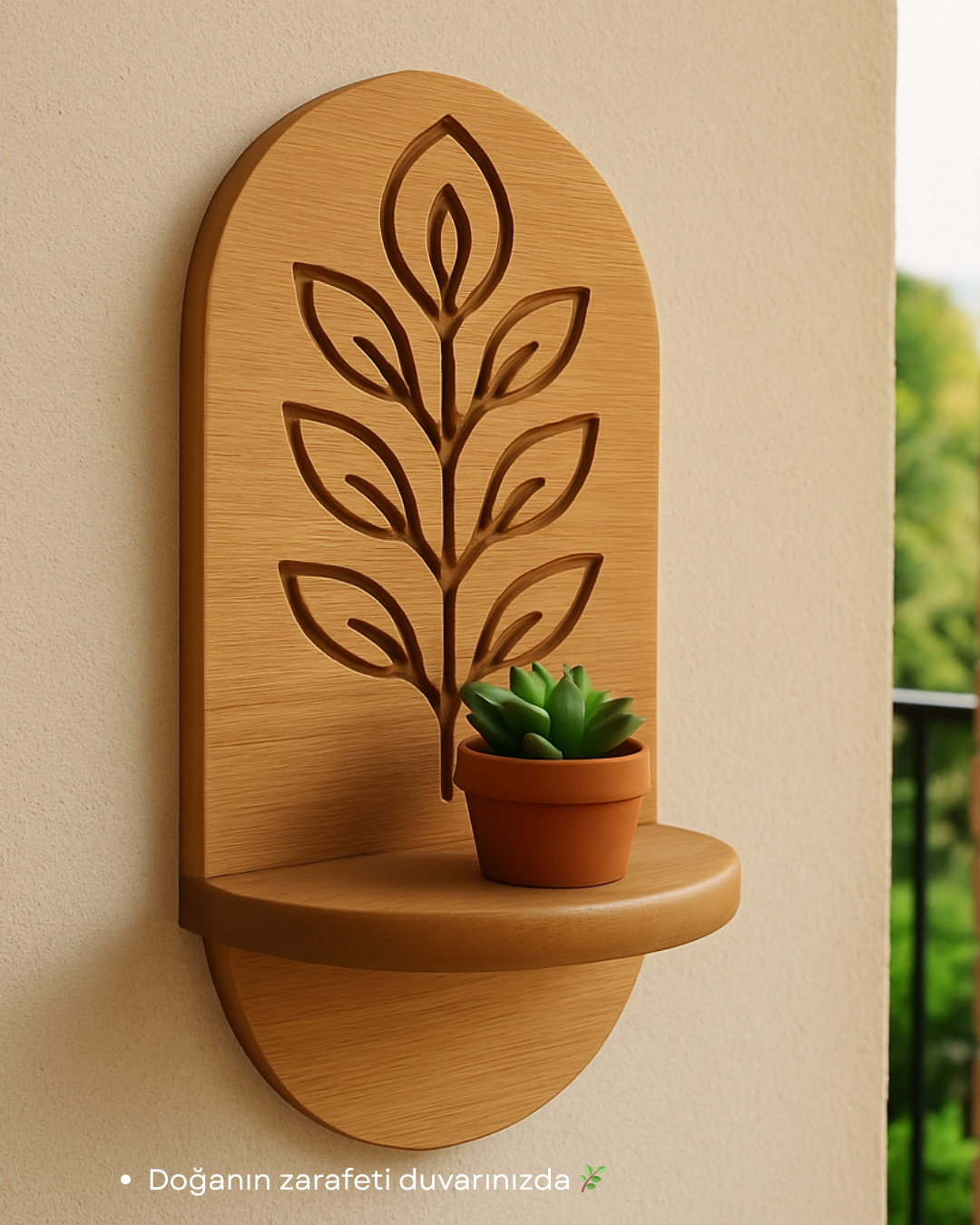 Minimal Meşe Duvar Rafı - 1 Kademeli Gravür Çiçek Deseni