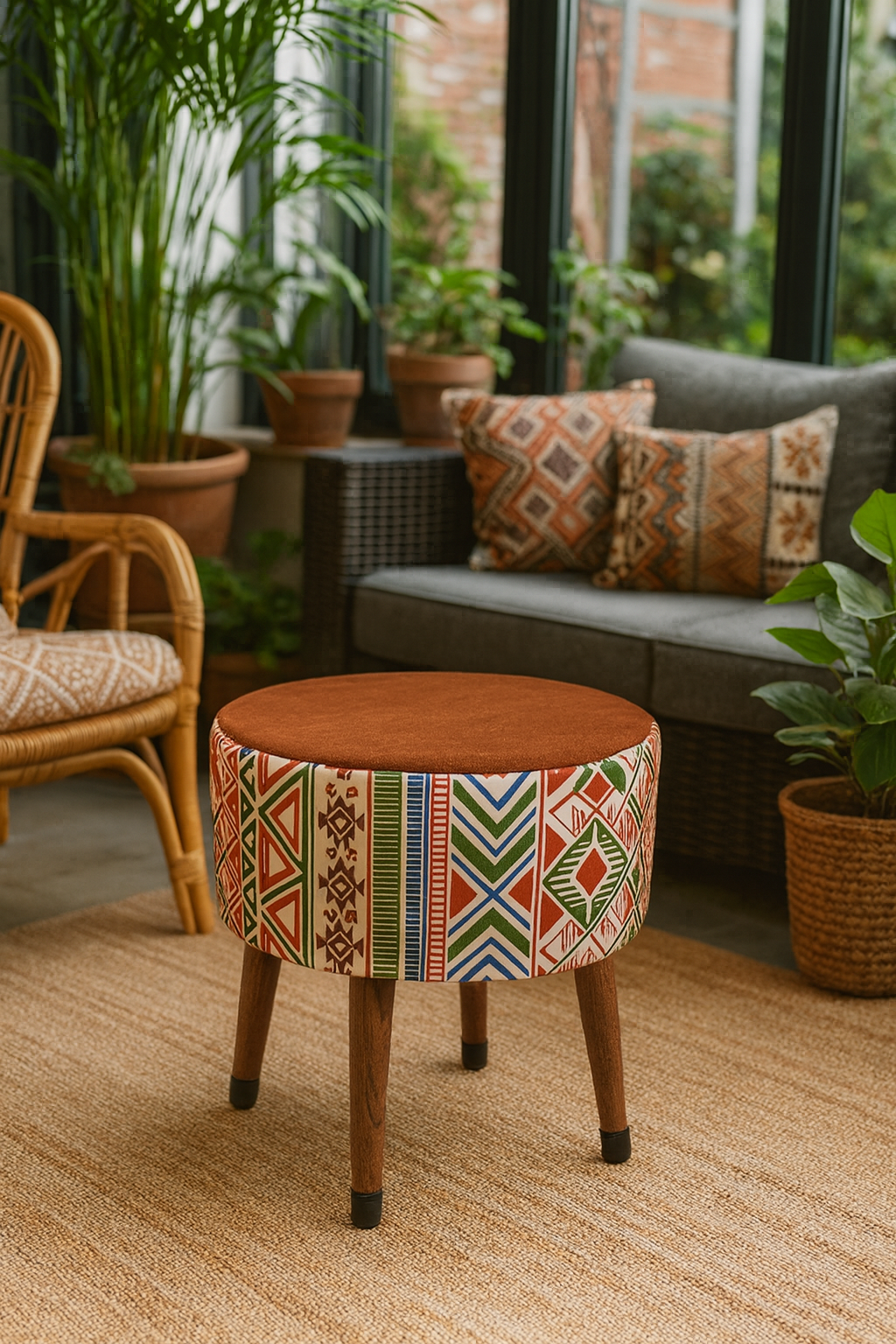 Puf Koltuk Tabure - Modern Kilim Koyu Kiremit - Ahşap Ayaklı