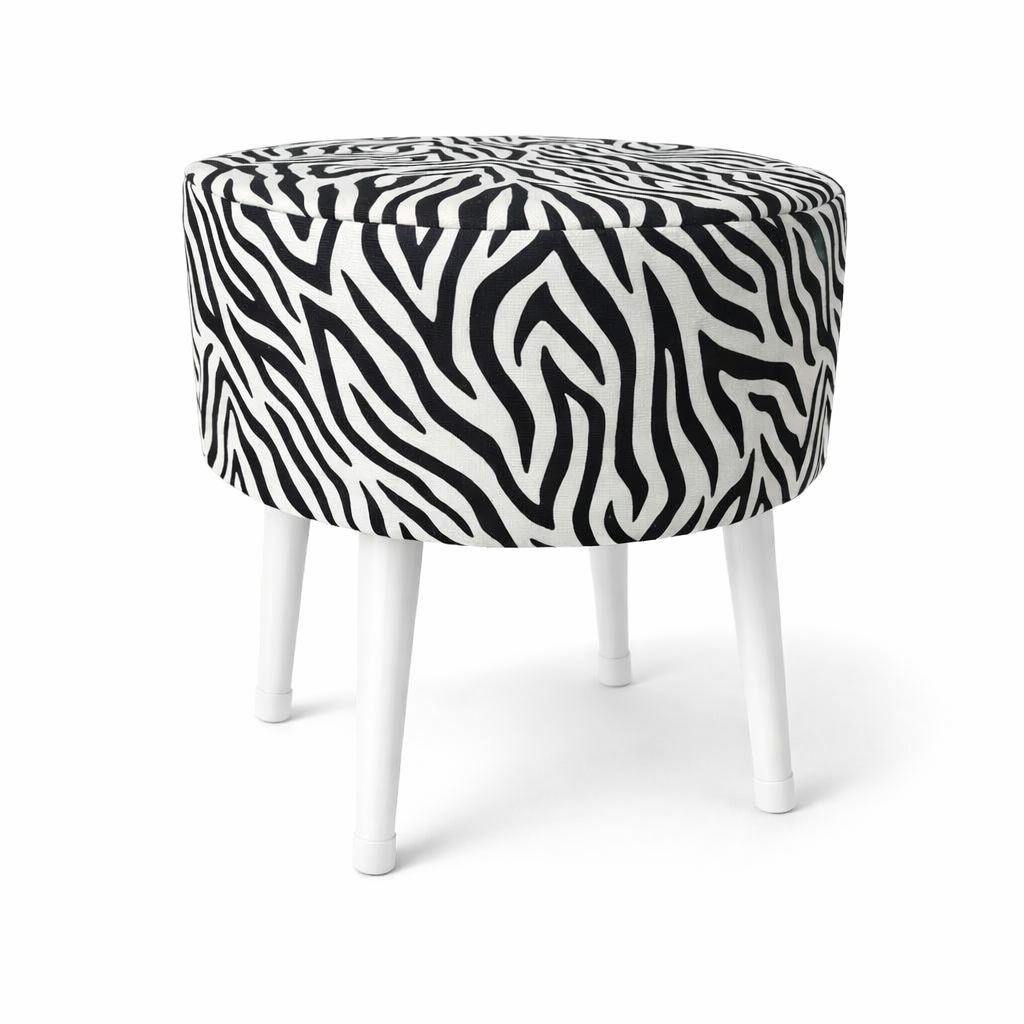 Salon Pufu – Dalgalı Zebra Desenli, Ahşap Ayaklı Dekoratif Tabure - Beyaz Ayak