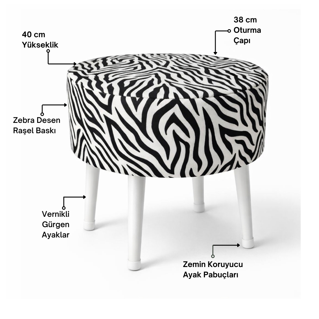 Salon Pufu – Dalgalı Zebra Desenli, Ahşap Ayaklı Dekoratif Tabure - Beyaz Ayak