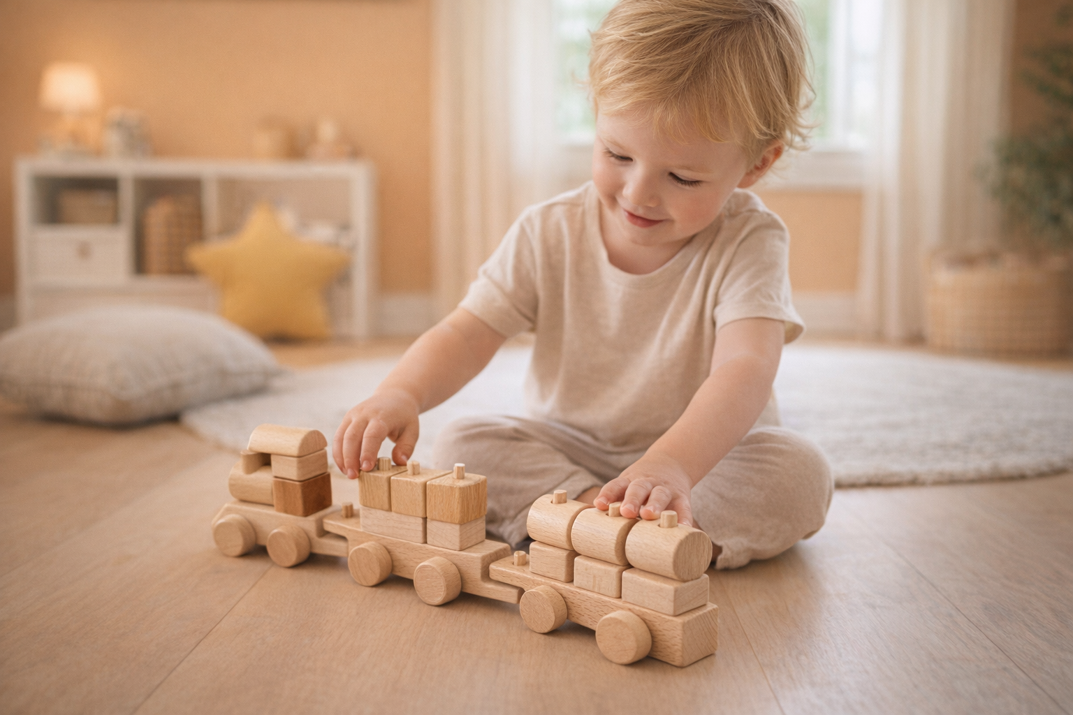 Montessori Ahşap Eğitici Tren Oyuncağı – Doğal Kayın Ağacı, Eğitici ve Güvenli Çocuk Oyuncağı (2–5 Yaş)