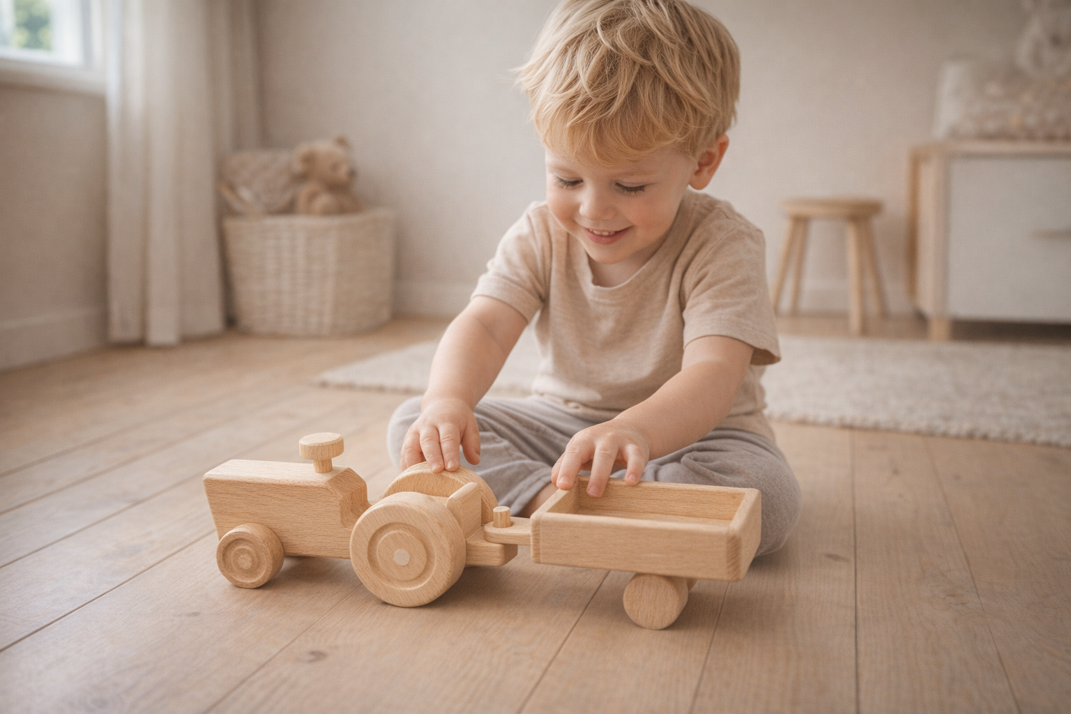 Montessori Ahşap Kasali Traktor Oyuncağı – Doğal Kayın Ağacı, Eğitici ve Güvenli Çocuk Oyuncağı (2–5 Yaş)