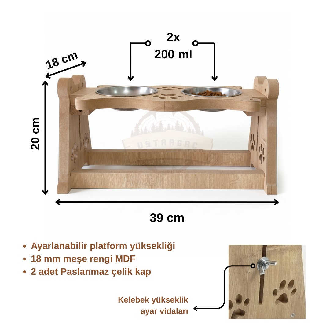 Kedi Köpek - Mama & Su Kabı -  Yükseklik Ayarlı