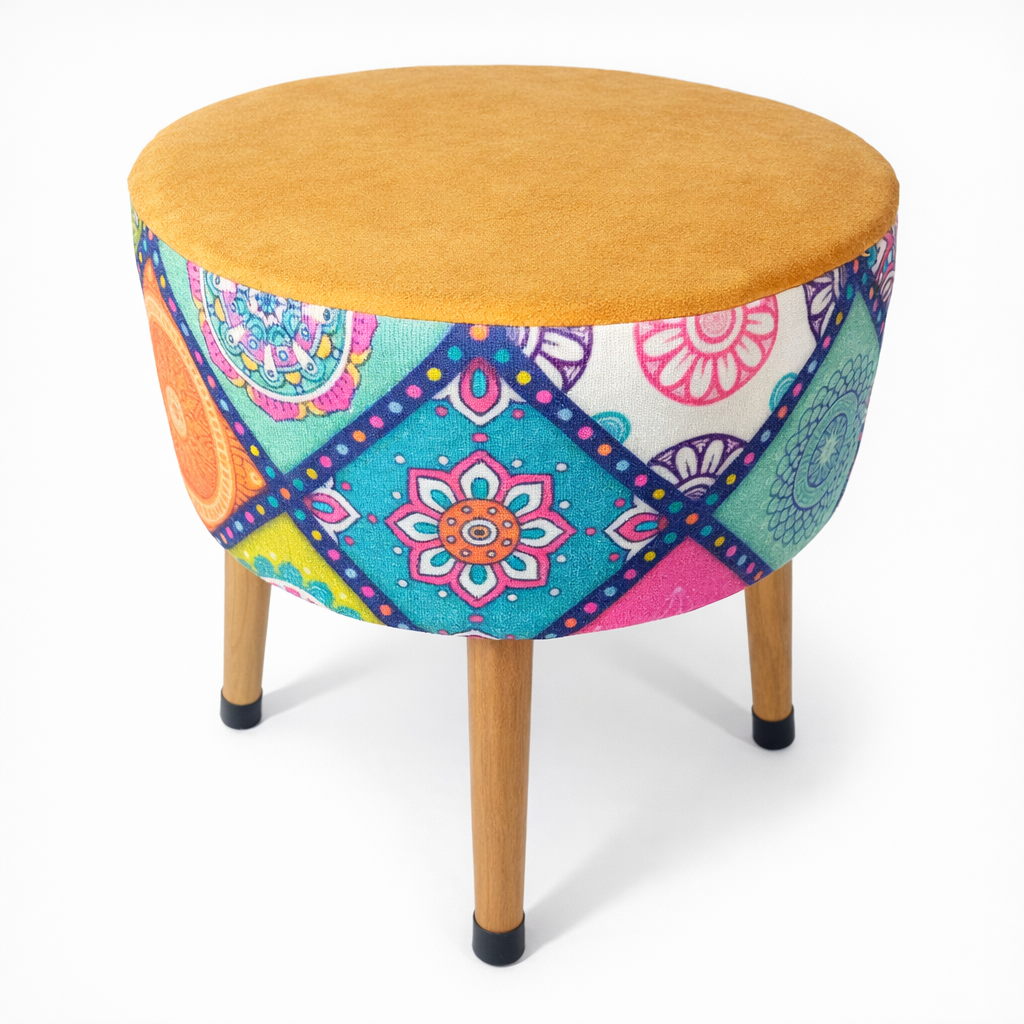 Puf Koltuk Tabure - Mandala Baskı Portakal Dallas - Ahşap Ayaklı