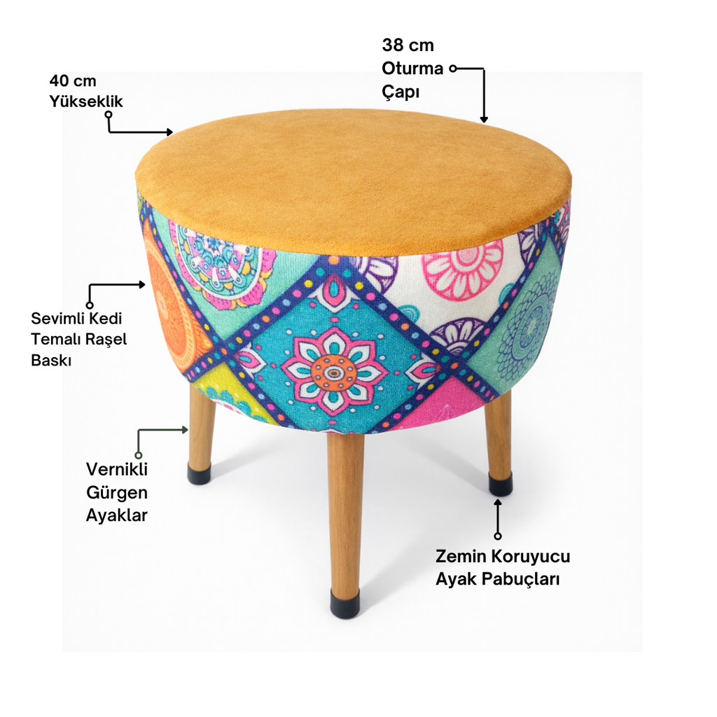 Puf Koltuk Tabure - Mandala Baskı Portakal Dallas - Ahşap Ayaklı