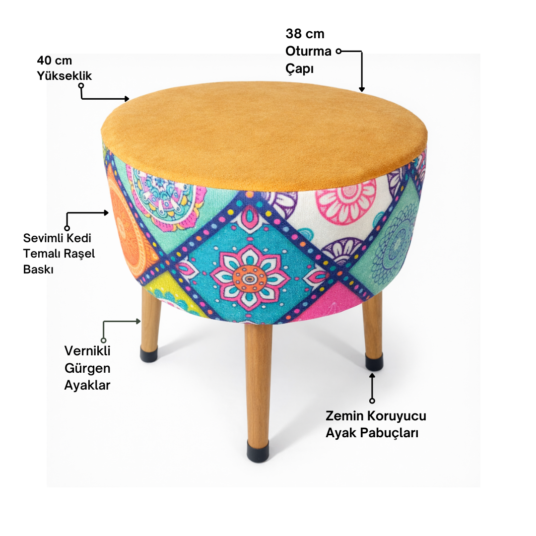 Puf Koltuk Tabure - Mandala Baskı Portakal Dallas - Ahşap Ayaklı