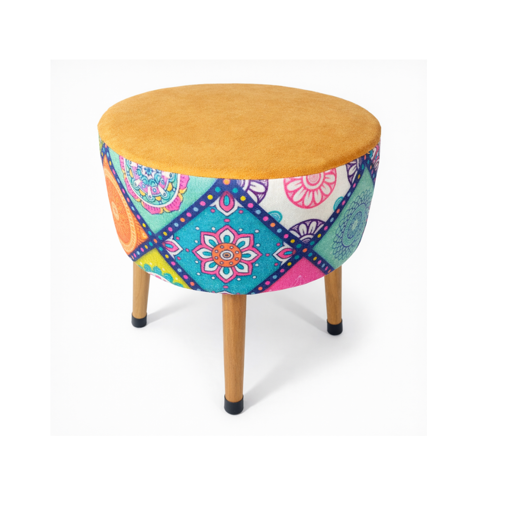 Puf Koltuk Tabure - Mandala Baskı Portakal Dallas - Ahşap Ayaklı