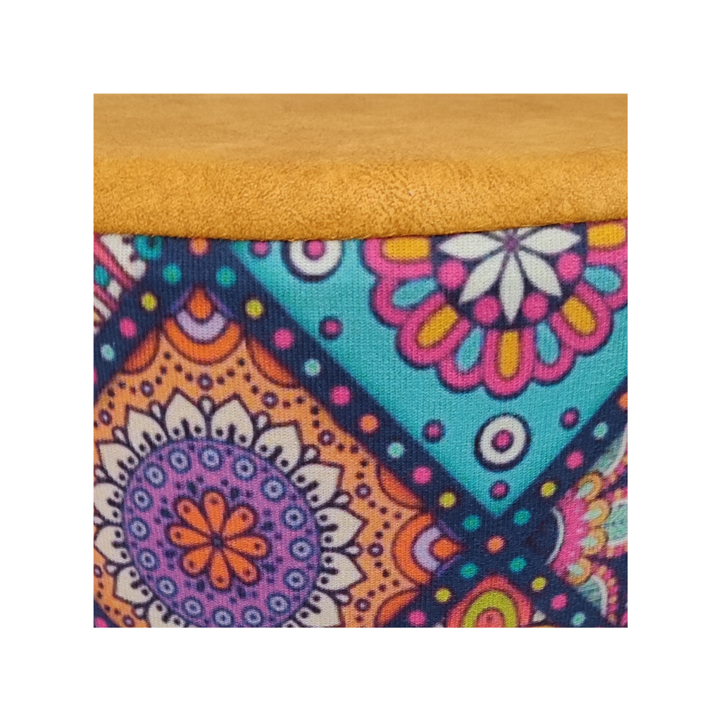 Puf Koltuk Tabure - Mandala Baskı Portakal Dallas - Ahşap Ayaklı