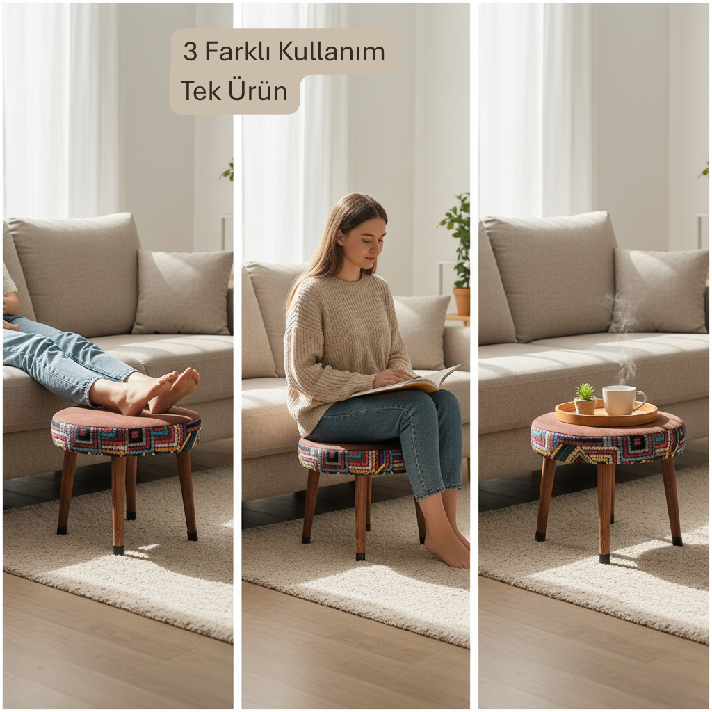 USTAAGAC Puf Koltuk Tabure Etnik Desenli Ahşap Puf – El Yapımı Özel Seri Ekonomik