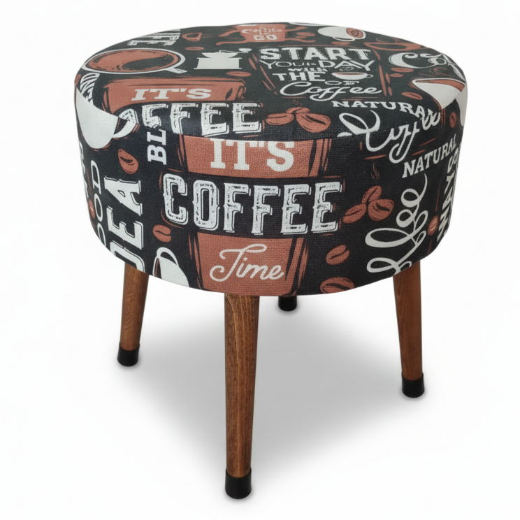 Kahve Desenli Puf Tabure – Retro Coffee Tasarım, Ahşap Ayaklı