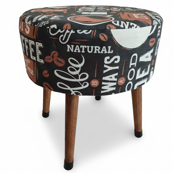 Kahve Desenli Puf Tabure – Retro Coffee Tasarım, Ahşap Ayaklı