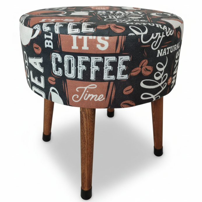 Kahve Desenli Puf Tabure – Retro Coffee Tasarım, Ahşap Ayaklı