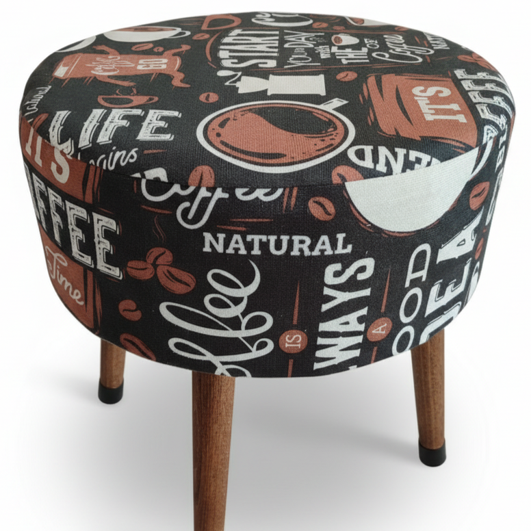 Kahve Desenli Puf Tabure – Retro Coffee Tasarım, Ahşap Ayaklı